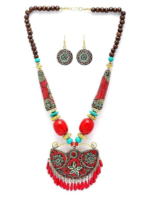 Traditional Tibetan Pendant Necklace Jewellery Set for Women Red