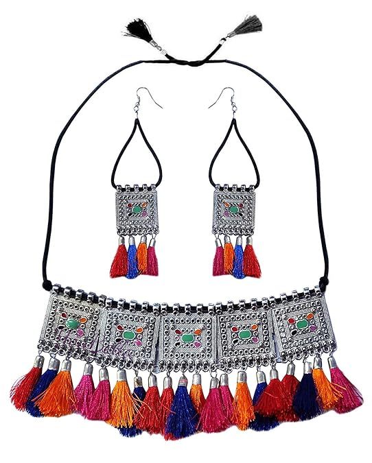 Alloy Brass Necklace Earrings Set for Women-MULTICOLOR